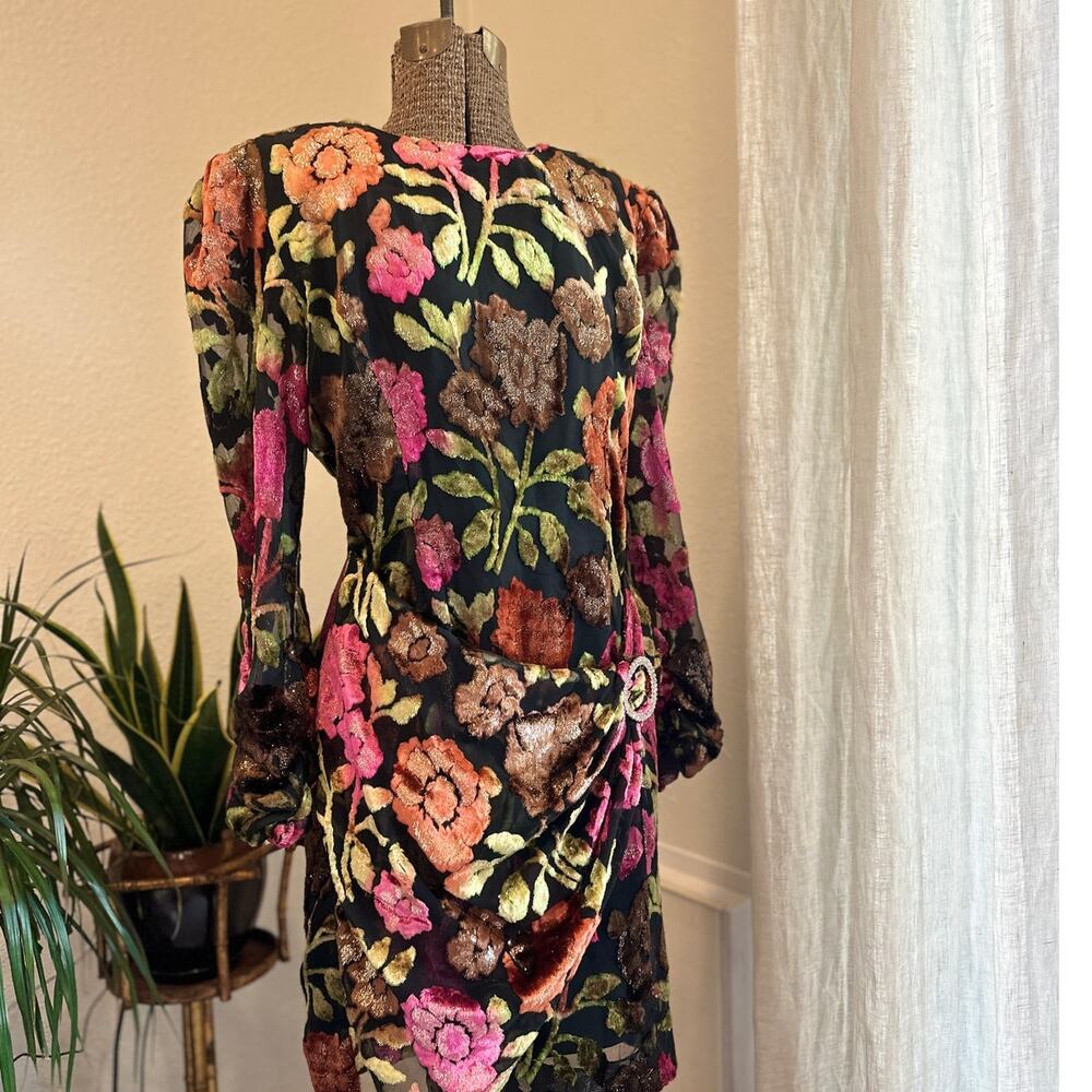 Criscione Women's SM Dress Black Multicolor Back Velvet Floral Burnout Vintage